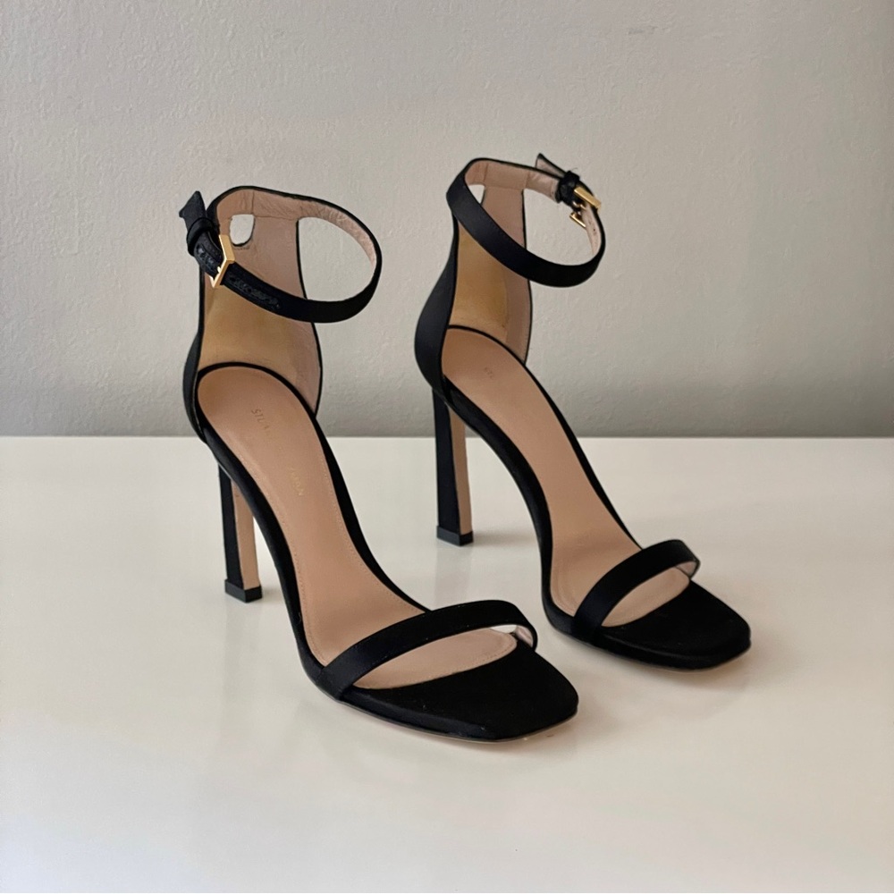 STUART WEITZMAN Black Silk Satin Square Nudist Heel Sandal - Picture 2 of 8